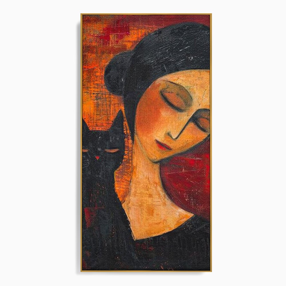 Tablou canvas cu pictura cu femeie si pisica neagra, in rama de aluminiu auriu